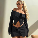 IFOMT Outfits Off The Shoulder Long Sleeve Button Crop Top Short Skirt Women'S Sets Casual Clotehs Elegant Evening Sexy Set Y2K