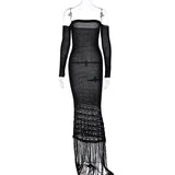 IFOMT Knitted Tassel Maxi Dresses For Women Hollow Out Sexy Bodycon Dress Women's Off The Shoulders Elegant Evening Dress WomanChristmas Gifts