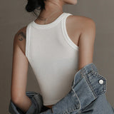 IFOMT Women Solid O Neck Ribbed Sleeveless Tank Top Camisole Women Summer Basic Elastic Black Crop Top Ladies