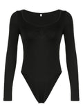 IFOMT Spring Outfits Front Ruched Skinny Long Sleeve Black Bodysuit Women Spring Autumn Solid Simple Basic Bodys Tops