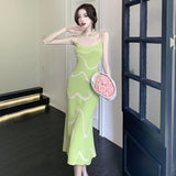 IFOMT French Vintage Elegant Strap Long Dress High Grade Wave Stripe Knitted Mid length Dresses Women's Autumn Ladie Party Clothing