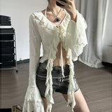 IFOMT Outfit  Butterfly Sleeve Tassel Long Sleeve Ruffles High Waist Crop Top Tshirt Hollow Out Summer Fashioon Y2K Casual Clothes