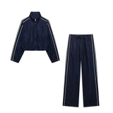 Ifomt Street Denim Stripe Pants Set Women Long Sleeve Stand Collar Pocket Zipper Jacket Suit 2025 Straight Lace Up Casual Jeans Sets