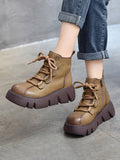 IFOMT Vintage Cow Leather Wool Boots Platform Shoes