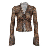 IFOMT Spring Outfits Leopard Print Lace-Up Blouse Shirts Women Semi-Sheer Mesh Elegant Fashion Sexy Flared Sleeve Ruffled Cardigan Tops