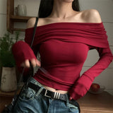 IFOMT Sexy Tops Off Shoulder Long Sleeve Crop Top Women's Autumn/Winter 2024 New Spicy Girl Slim Fit Short Red T-shirt