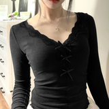 IFOMT Sexy Lace Bow Patchwork Black Crop Top Women V-Neck T-shirt Skinny Long Sleeve Versatile Slim Tee Shirt Female Streetwear 2024