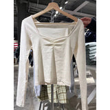 Ifomt V Neck Slim Long Sleeve T-shirts Fashion Tight Folds Basic Crop Top Woman Spring Solid Color Casual Street Y2K Summer Tees