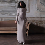 IFOMT Elegant Ruched Bodycon Maxi Dress Female Soild High Street Party Evening Dresses Long Sleeve Irrgular Splice Lady ClothesChristmas Gifts