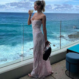 IFOMT Sexy See Through Beach Spaghetti Maxi Dress For Women Plunge Off Shoulder Floral Mesh Patchwork Long Holiday Dress FemmeChristmas Gifts