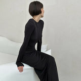 IFOMT Outfit New Solid Color Round Neck Long-Sleeved Package Hip Sexy Long Dress Autumn And Winter Waisted Bottoming Long Skirt