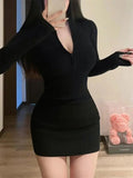 IFOMT Long Sleeve Dresses for Women Black Sexy Club Bodycon Mini Dress Y2k High Waist Ladies Korean Short Dress Basic Autumn Winter