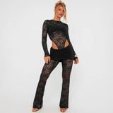 IFOMT Outfit New Sexy Lace See-Through Set Set Head Round Neck Long Sleeve Bodysuits + Lace Patchwork Flared Pants Set Fashion Set