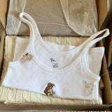 Ifomt Little Bear Holding Flower Embroidery Cute O-neck Tank Top Sweet Chic Ribbed White Summer Vest Tight Casual Tops Clothing New
