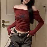 IFOMT Gothic Print Grunge T Shirt Women Long Sleeve Off Shoulder Y2k Vintage Tops Streetwear Korean Style Crop Top Autumn Winter