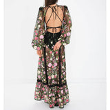 IFOMT Outfit Women's Summer Beachwear Lace See-through Sheer Long Dress Lantern Sleeve V-Neck Floral Embroidery Cover-ups Sundress