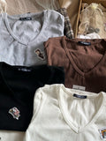 Ifomt Vintage Ribbed Slim Long Sleeve Tees Women V-Neck Casual Basic Cotton Simple Solid Sexy Tops Female Harajuku Chic T-shirts Y2K