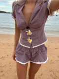 Ifomt Vintage Plaid Shirt Top Shorts Two Piece Set Small Lace Trim Patchwork Casual Slim Fit V Neck Women Short Blouse Shorts Suit