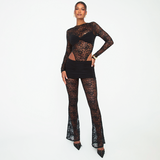 IFOMT Outfit New Sexy Lace See-Through Set Set Head Round Neck Long Sleeve Bodysuits + Lace Patchwork Flared Pants Set Fashion Set