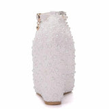 IFOMT  Crystal Queen White Wedges Wedding Pumps Sweet White Flower Lace Pearl Platform Pump Shoes Classic Bride Dress High Heeled Lady
