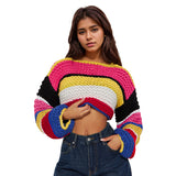 IFOMT Outfit Autumn Colorful Stripe Long Sleeve Rainbow  Heavy Knit Sweater Handmade All-Match Short Crop Sweater Winter Streetwear Girl