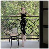 IFOMT French Vintage Elegant Strap Long Dress High Grade Wave Stripe Knitted Mid length Dresses Women's Autumn Ladie Party Clothing