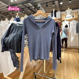 Ifomt Navy Blue Waffle Y2K Hooded Top 2025 New Autumn Five Button Slim Long Sleeve Tee Cototn Blend Vintage Street Women T-shirts
