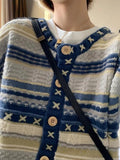 IFOMT Stripe Splice Crochet Detail Knit Cardigan