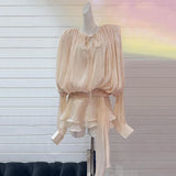 IFOMT Spring Outfits Fashion Women's 2 Pcs Set Lace Up Long Slevees Loose Ruffles Shirt High Waist Bottom Short Suit Spring 2025 New