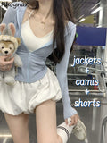 Ifomt 3 Pcs Sets Women Summer Sunscreen Thin Hooded Jackets Cropped Leisure Basic Camis Ball Gown Sweet Shorts Streetwear Korean Girls Casual Outfit