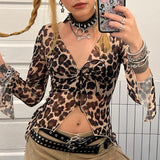 IFOMT Outfit Sexy Leopard Irregular Long-Sleeved Crop Top Tie V-Neck Graphic Print Ins Hottie Girl T-Shirt Y2K Autumn NewStreet