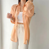 IFOMT Perspective Shirts Women Sheer Thin Chic Summer Simple Solid Sun-proof Top Fashion Blouse Baggy All-match Basic Korean Clothing