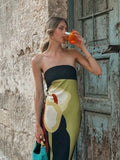 Ifomt Chic Flower Printed Strapless Backless Maxi Robe Women Elegant Sleeveless Evening Party Dresses 2025 Female Vocation Beach Dress