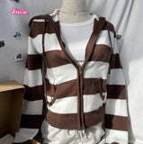Ifomt Retro brown Stripe Zipper Knitting Hoodie Slim Y2K Street Winter Sweater Cotton Blend Pocket Women Jackets Autumn Tops 2025 New