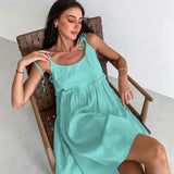 IFOMT Fashion Vacation Loose Cotton Linen Slip Dress For Women Lace Up Splice Hot Girl Sexy Dress Party Spaghetti Strap Dress