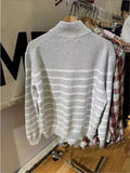 Ifomt Grey Striped Semi High Neck Zipper Long Sleeved Knitted Sweater For Women Loose Casual Fall Winter Pullovers Top Y2K Street New