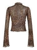 IFOMT Spring Outfits Leopard Print Lace-Up Blouse Shirts Women Semi-Sheer Mesh Elegant Fashion Sexy Flared Sleeve Ruffled Cardigan Tops