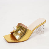 IFOMT  2024 Fashion Chic Transparent Heels Slippers For Women Pearl Leather Square Toe Summer Sandals Female Shoes Mules Slides