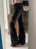 Ifomt Weekeep Floral Embroidery Jeans Vintage 2000s Low Rise Flared Jeans Women Retro y2k Baggy Denim Pants High Street Basic Trousers Casual Outfit
