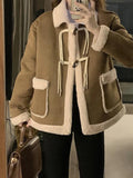 IFOMT Suede Splice Horn Buckle Lapel Neck Jacket
