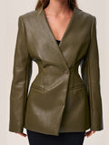 IFOMT Outfit Vintage PU Leather V-neck Jacket Women Elegant Solid Single Button Slim Fit Suit Jackets Female Spring Versatile Chic Streetwear
