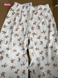Ifomt American Retro Straight Pants Little Rabbit Print Cute Chic Long Pants Cotton Elastic Waist Homewear Casual Summer Trouser Women