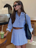 IFOMT Fashion Blue Striped Print Suit For Women Elegant Long Sleeve Button Crop Tops And High Waist Pleated Skirts 2 Pieces SetChristmas Gifts