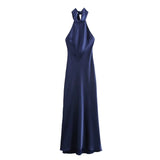 Ifomt Women's Sexy Satin Long Robes Round Neck Halter Lace Up Fashion Vestidos Summer Lady Sleeveless Open Back Maxi Gowns Party Dress