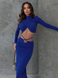 IFOMT Fall New Skirts Suit Solid Color Long Sleeve Crop Top Twist Ruched Slim Lace Up Sexy Navel Exposed Skirt Matching Sets