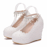 IFOMT  Crystal Queen White Wedges Wedding Pumps Sweet White Flower Lace Pearl Platform Pump Shoes Classic Bride Dress High Heeled Lady
