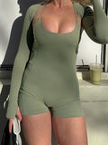 IFOMT Spring Outfits Cross Backless Skinny Sexy 2 Pieces Outdoor Rompers And Long Sleeve Open Stitch Crop Top Womens Fitness Sports Playsuits