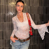 IFOMT Outfit  Lace Long Sleeve Deep V See Through Solid Slim Women'S Tops Tshirts Casual Party Club Dropshipping New Arrival Clothes