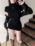 IFOMT Sexy Tight Half High Collar Pleated Waist Mini Dress Spicy Girls Slim Dresses Bodycon Women Vestidos Cortos Party Mujer Clothing