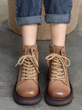 IFOMT Cow Leather Lace-Up Zipper Martin Booties